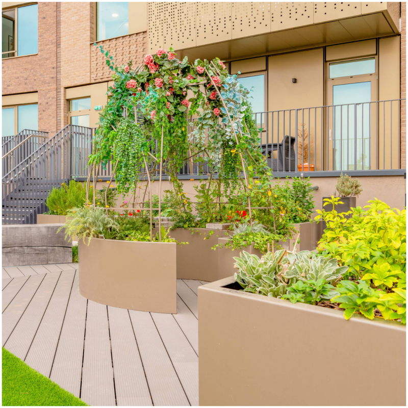 Powder coated steel planters with growing areas