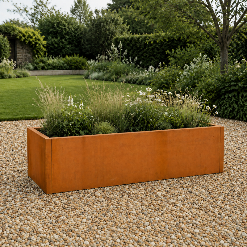 Corten planter on gravel in garden as a focal point