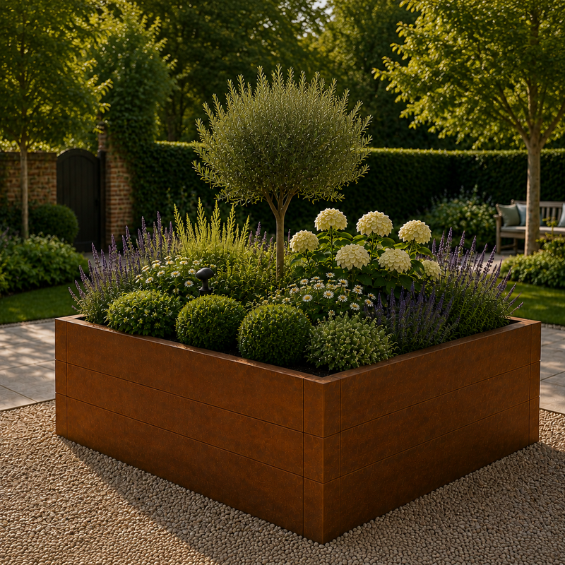 A rectangular rusted steel raised garden bed filled with green shrubs, lavender, white flowers, and a small tree, set in a landscaped backyard garden.