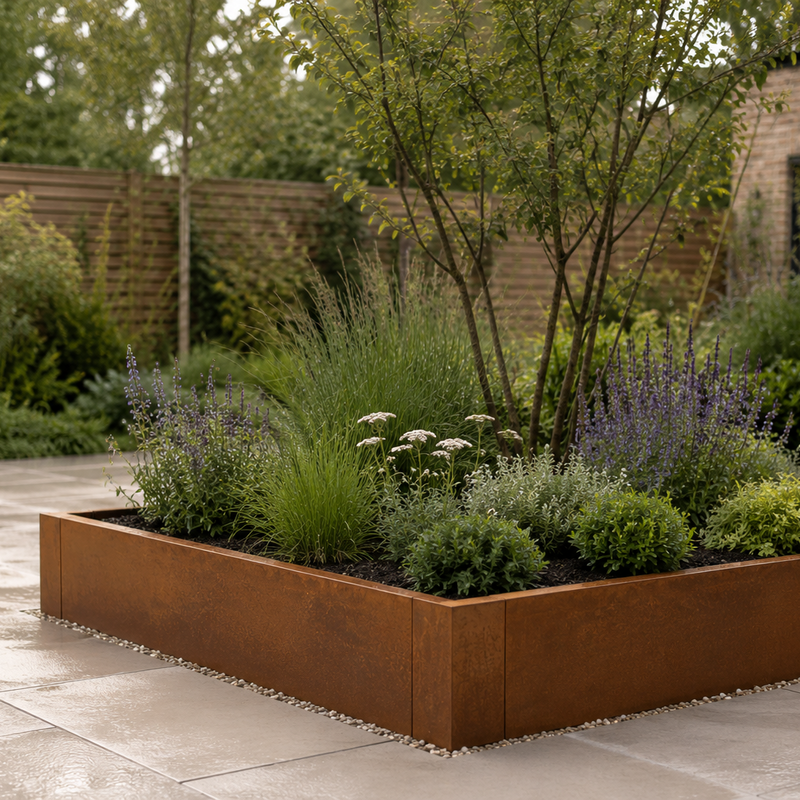 A rectangular raised garden bed made of rusted corrugated metal, filled with various green plants and shrubs, situated on a stone patio in a modern backyard setting.