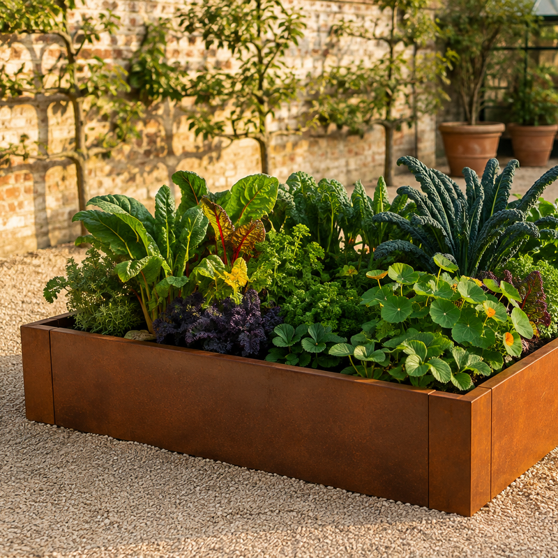 A rectangular raised garden bed made of rusted corrugated metal, filled with various green leafy vegetables and herbs, set in a gravel-covered backyard garden.
