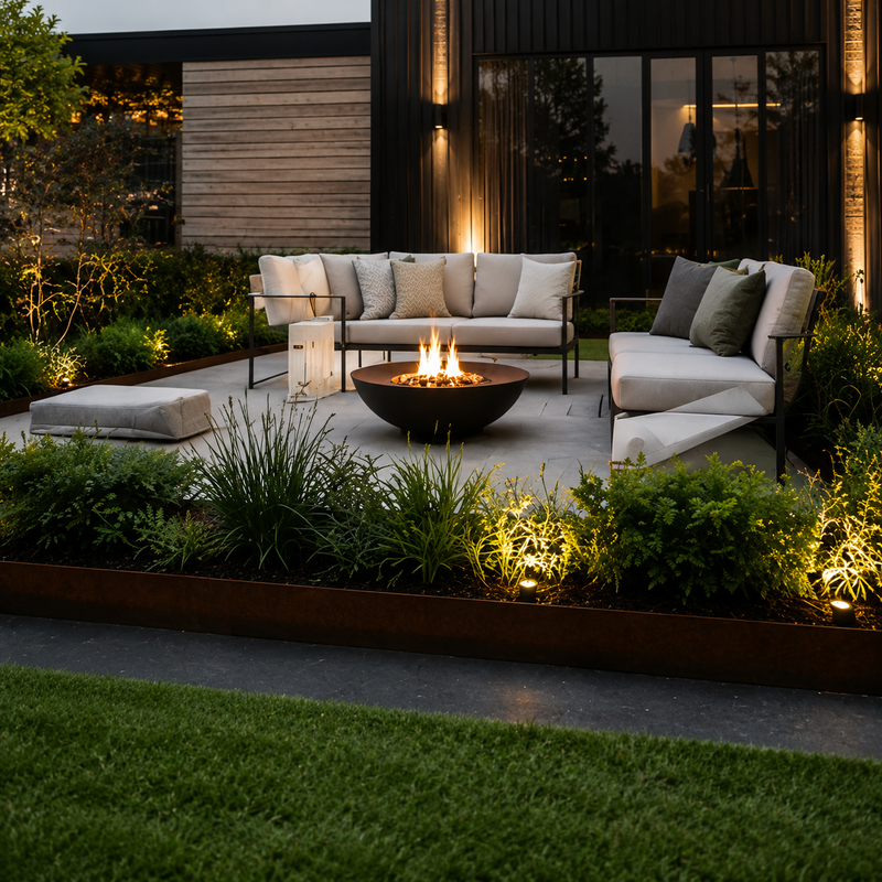 Zoned Garden with Corten steel garden edging, creating a seating area with fire put and low maintenance garden