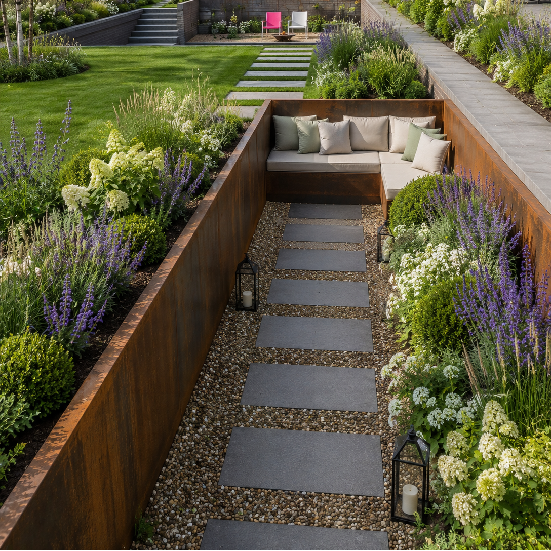 Corten steel retaining walls creating a zoned garden area with seating