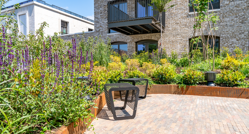 Spring garden ideas featuring steel garden edging, raised beds and colourful planting
