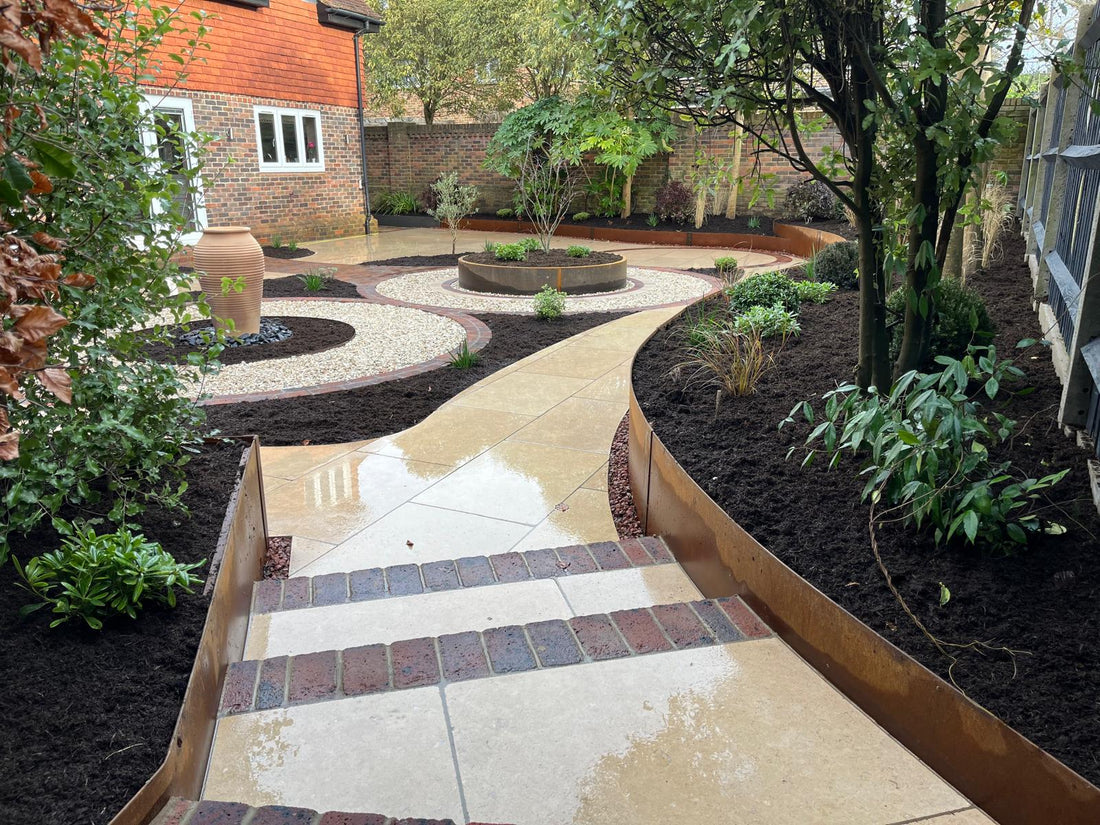 Corten-Magic Contemporary garden featuring Contour Corten steel raised beds with architectural planting and premium landscaping.