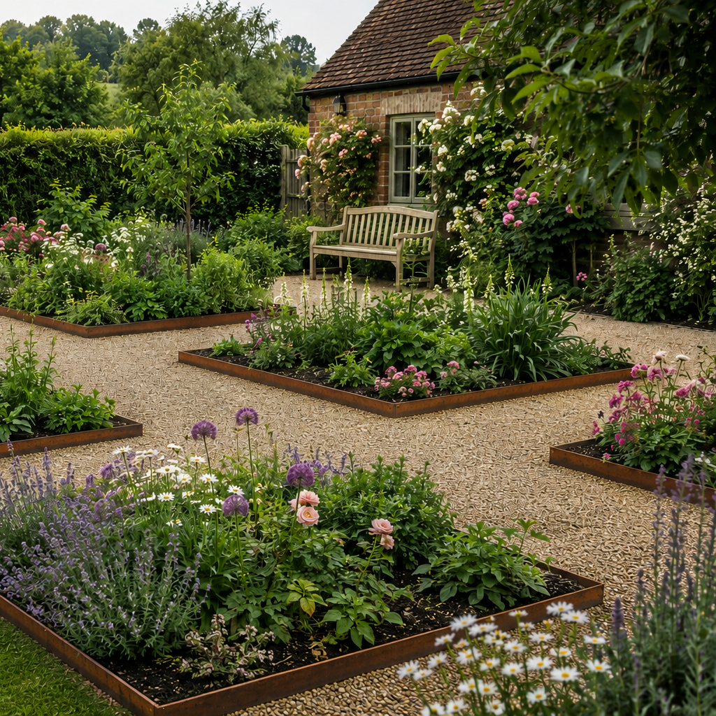 Corten Groundline Garden Edging  100mm High (10 Metre Pack) GEO. Country garden with corten steel low edge flower beds. High Corten Steel Garden Edging, creating boundary between soil, planting and gravel path. Lawn edge, garden border, flower beds, driveway raised edging. Metal, weathering steel, or powder coated steel.  Garden walkway, path and paving. Planter edge and retaining wall. Patio edge and garden walls.