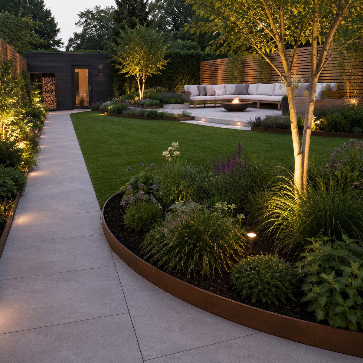 Corten Groundline Garden Edging  150mm High (10 Metre Pack) GEO. Low steel garden edging used to form straight boundaries and curved planting beds., High Corten Steel Garden Edging, creating boundary between soil, planting and gravel path. Lawn edge, garden border, flower beds, driveway raised edging. Metal, weathering steel, or powder coated steel.  Garden walkway, path and paving. Planter edge and retaining wall. Patio edge and garden walls.