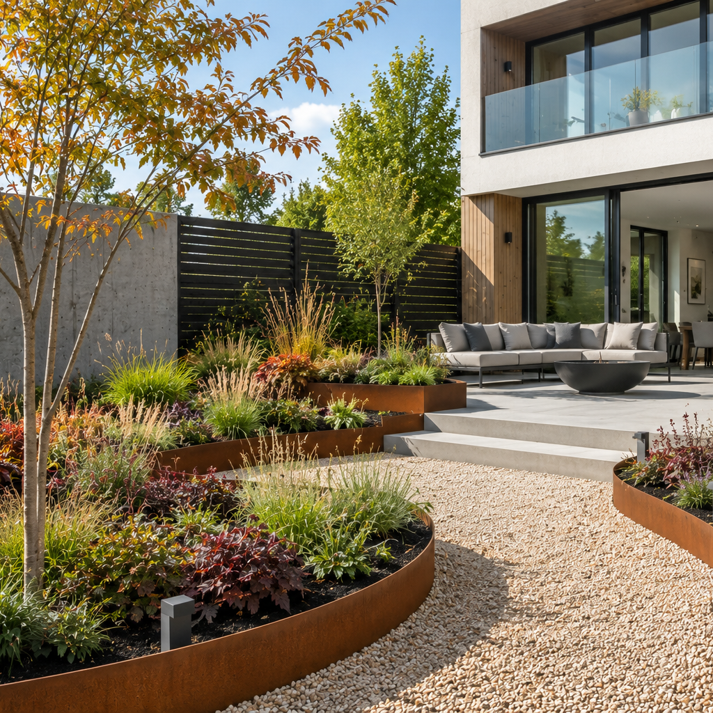 Contour Raised Bed Corten - 200mm High GardenEdgingOnline.comHigh Corten Steel Garden Edging, creating boundary between soil, planting and gravel path. Lawn edge, garden border, flower beds, raised edging. Metal, weathering steel, mild steel or powder coated steel.  Garden walkway, path and paving edging.