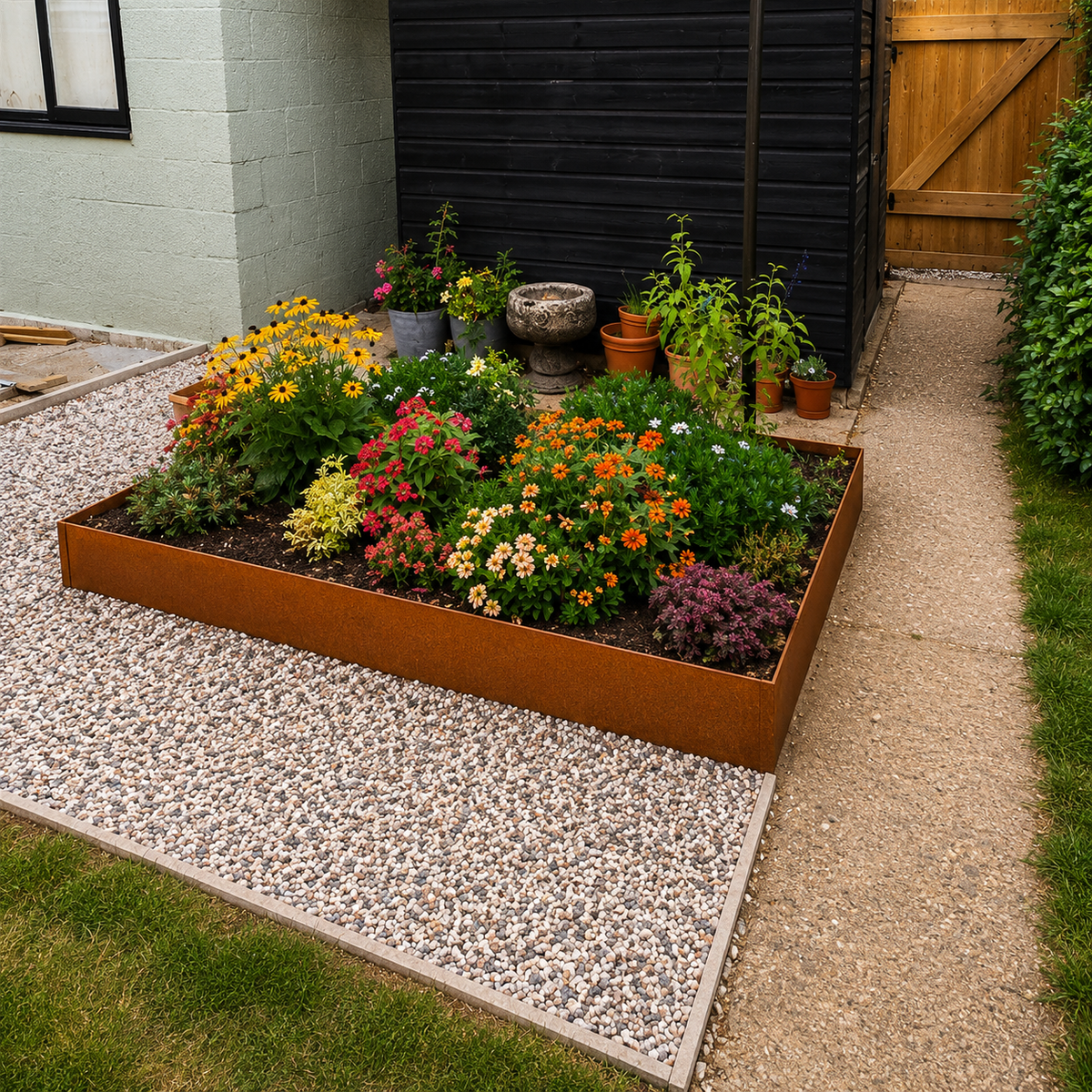 Corten Groundline Garden Edging 200mm High (6 Metre Pack) GEO High Corten Steel Garden Edging, creatingflower bed soil, planting and gravel path. Lawn edge, garden border, flower beds, raised edging. Metal, weathering steel, mild steel or powder coated steel.  Garden walkway, path and paving edging.