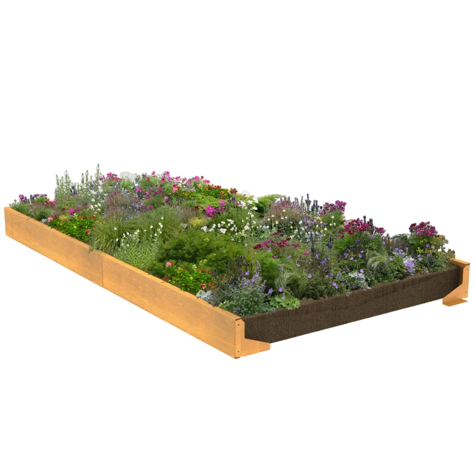 Linnear modular edge GEO Showing 300mm high. Modular edge, retaining wall, garden border & edge, Corten steel, weathering steel planter tub. Create Square, Rectangular planters or use as a retaining wall to create borders, dividers or zoned areas. Great for adding a patio display or section a seating area.