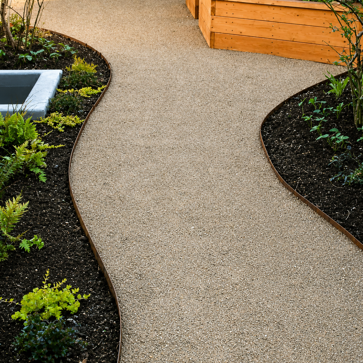 50mm High Corten Steel Garden Edging, creating boundary between soil, planting and gravel. Lawn edge, garden border, flower beds, raised edging. Metal, weathering steel, mild steel or powder coated steel. Garden path, walkway