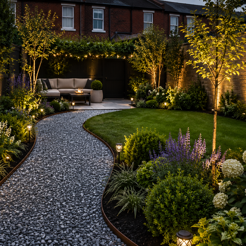 50mm High Corten Steel Garden Edging, creating boundary between soil, planting and gravel. Lawn edge, garden border, flower beds, raised edging. Metal, weathering steel, mild steel or powder coated steel. Showing with lighting and seating area.