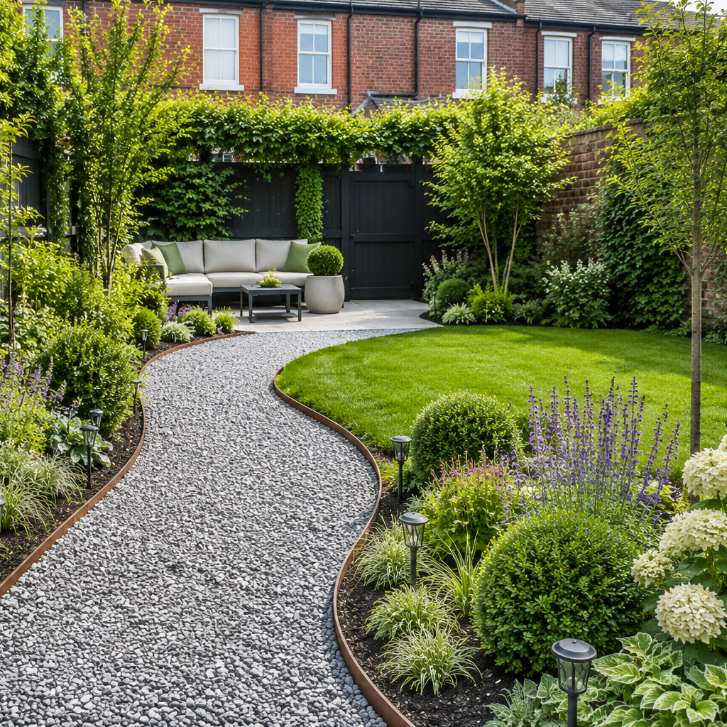 50mm High Corten Steel Garden Edging, creating boundary between soil, planting and gravel path. Lawn edge, garden border, flower beds, raised edging. Metal, weathering steel, mild steel or powder coated steel. Patio edging & garden walkway