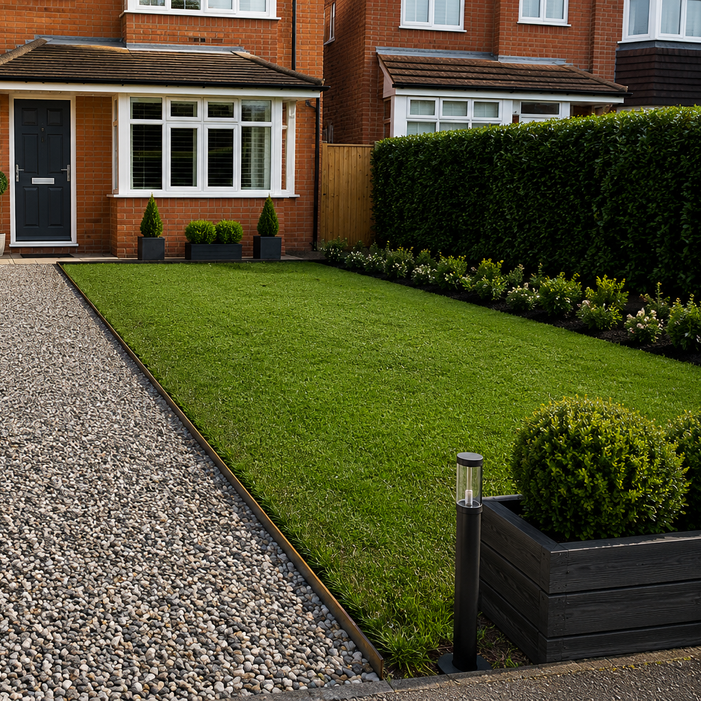 75mm High Corten Steel Garden Edging, creating boundary between soil, planting and gravel path. Lawn edge, garden border, flower beds, raised edging. Metal, weathering steel, mild steel or powder coated steel.  Garden walkway, path, driveway and paving edging.