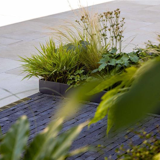 Contour Raised Bed System - Edge height 300mm PPC High pwoder coated Steel Garden Edging, creating flowerbeds as boundary between soil, planting and gravel path. Lawn edge, garden border, flower beds, raised edging. Metal, weathering steel, mild steel or powder coated steel.  walkway, path and paving and blockwork. Gardenedging.GardenEdgingOnline.com