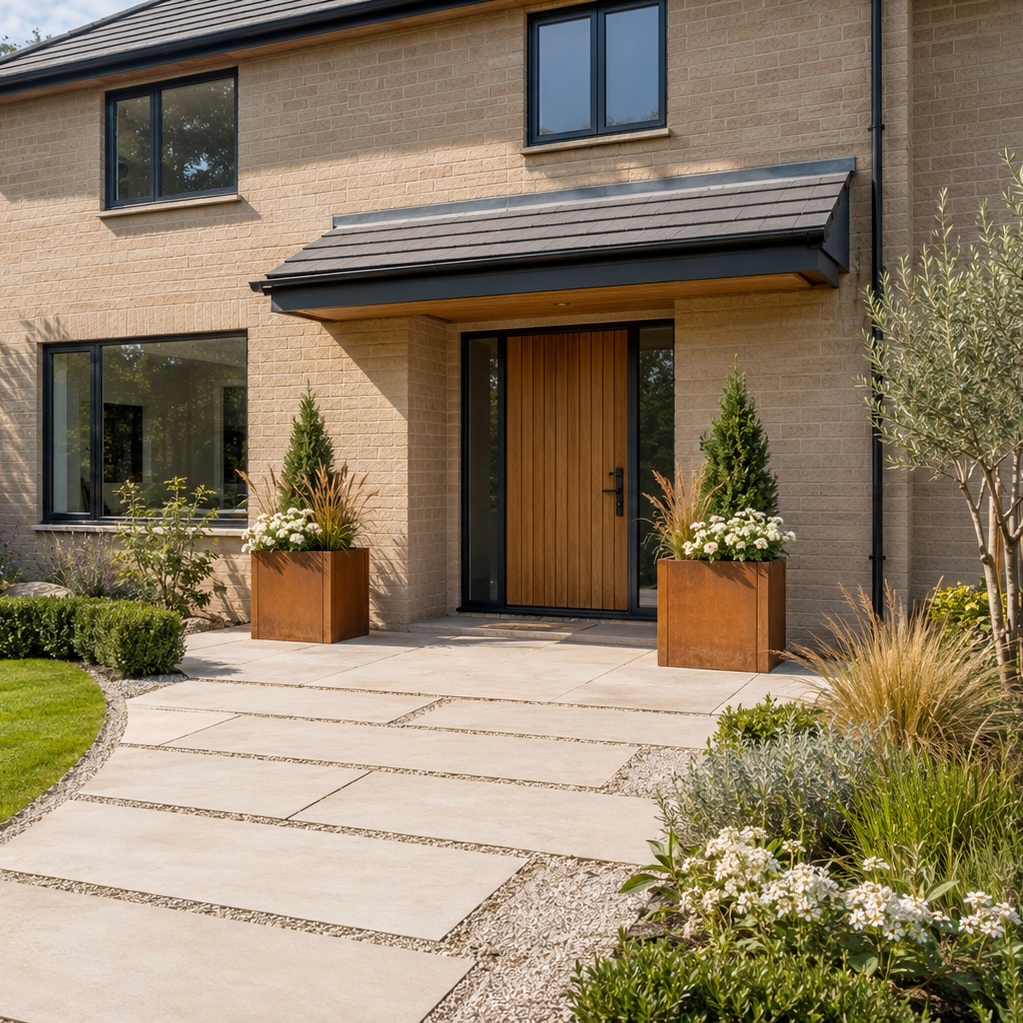 Modern two-story house exterior with a light beige brick facade, dark slate roof, wooden front door, stone walkway, manicured lawn, and landscaped garden.