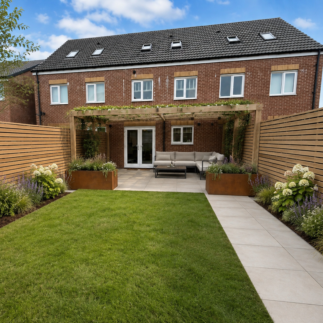 A landscaped backyard patio and lawn area in front of a brick house. The scene includes a green grass lawn, a light stone walkway, wooden slat fences, planter boxes with plants, a patio seating area under a pergola, and double glass doors at the back.