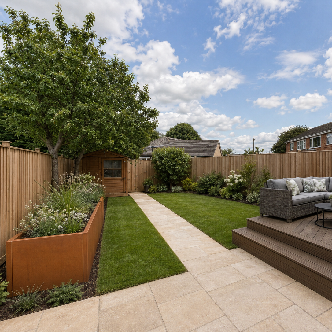 A modern backyard patio and garden setup with a wooden deck, outdoor sectional sofa, black coffee table, brick planter box, green lawn, fence, and blue sky with clouds.