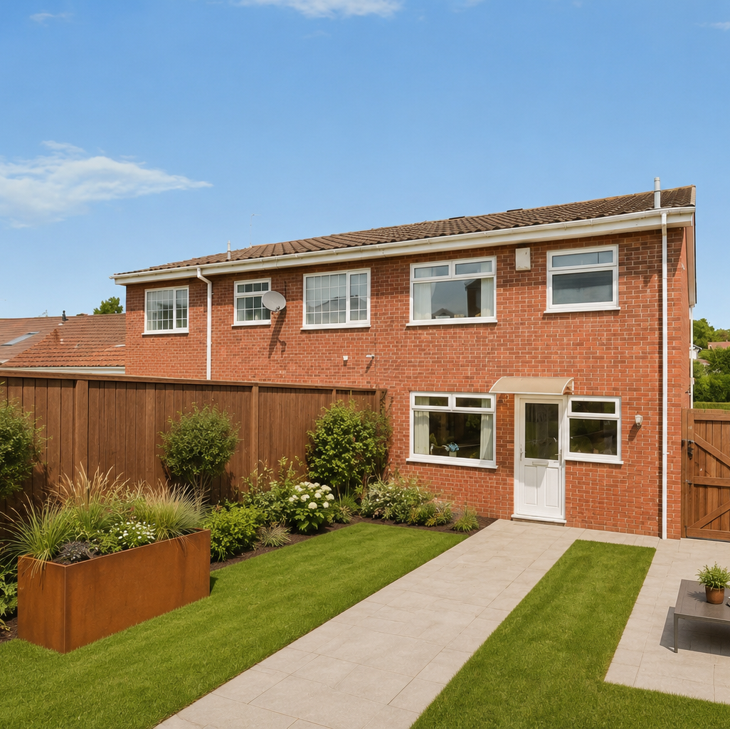 A red brick semi-detached house with a landscaped backyard featuring a paved walkway, green lawn, wooden fence, planter boxes, and a patio seating area under a blue sky.