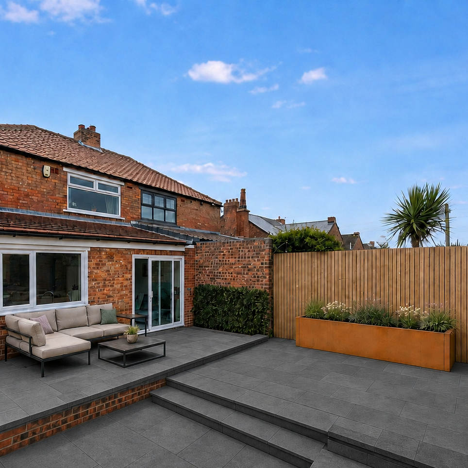 A modern backyard patio and outdoor living space with a brick house, gray stone paving, a beige outdoor sofa, a black coffee table, a wooden fence, and a long rectangular planter box under a blue sky.