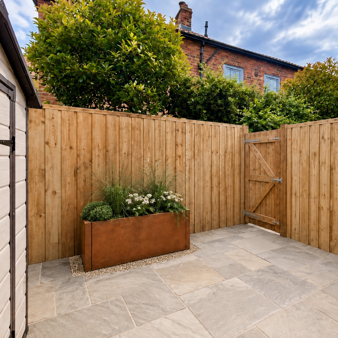 A modern backyard patio with light gray stone pavers, a tall wooden fence, a wooden gate, and a large rectangular copper-toned planter box with green plants and small white flowers. A brick house and trees are visible in the background under a blue sky. Corten steel