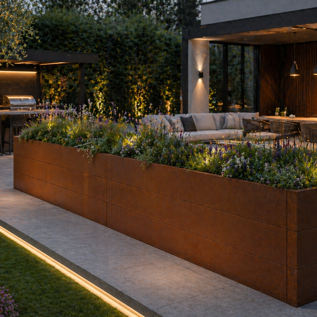 Linnear Modular Edge GEO Used as a patio planter to separate the lawn from the seating area. Modular edge, retaining wall, garden border & edge, Corten steel, weathering steel planter tub. Create Square, Rectangular planters or use as a retaining wall to create borders, dividers or zoned areas. Great for adding a patio display or section a seating area.