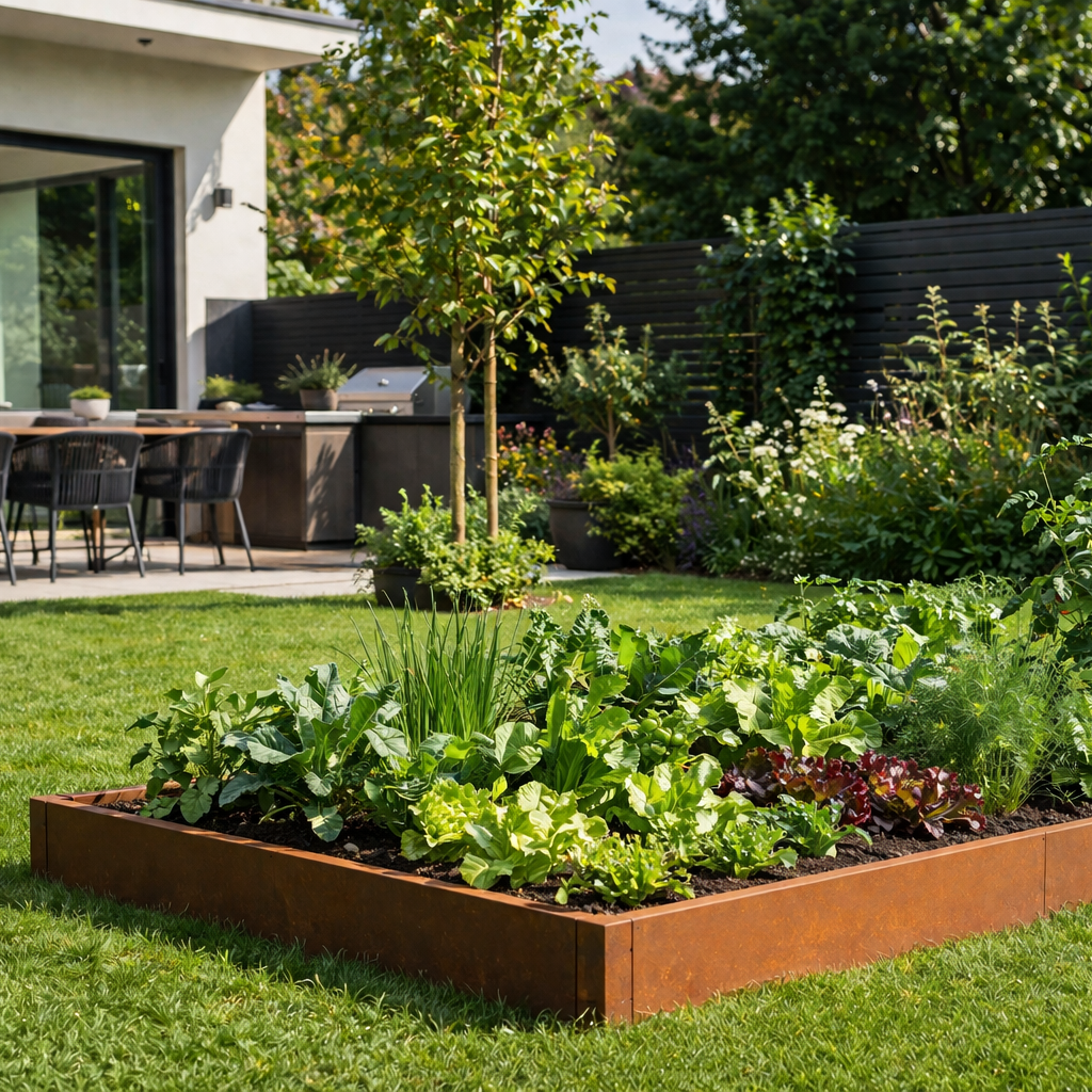 Linnear Modular Edge GEO - Used as a vegetable planter, Modular edge, retaining wall, garden border & edge, Corten steel, weathering steel planter tub. Create Square, Rectangular planters or use as a retaining wall to create borders, dividers or zoned areas. Great for adding a patio display or section a seating area.