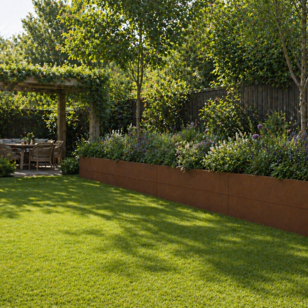 Linnear Modular Edge GEO - showing it used as a reatining wall to create a defined border. Modular edge, retaining wall, garden border & edge, Corten steel, weathering steel planter tub. Create Square, Rectangular planters or use as a retaining wall to create borders, dividers or zoned areas. Great for adding a patio display or section a seating area.
