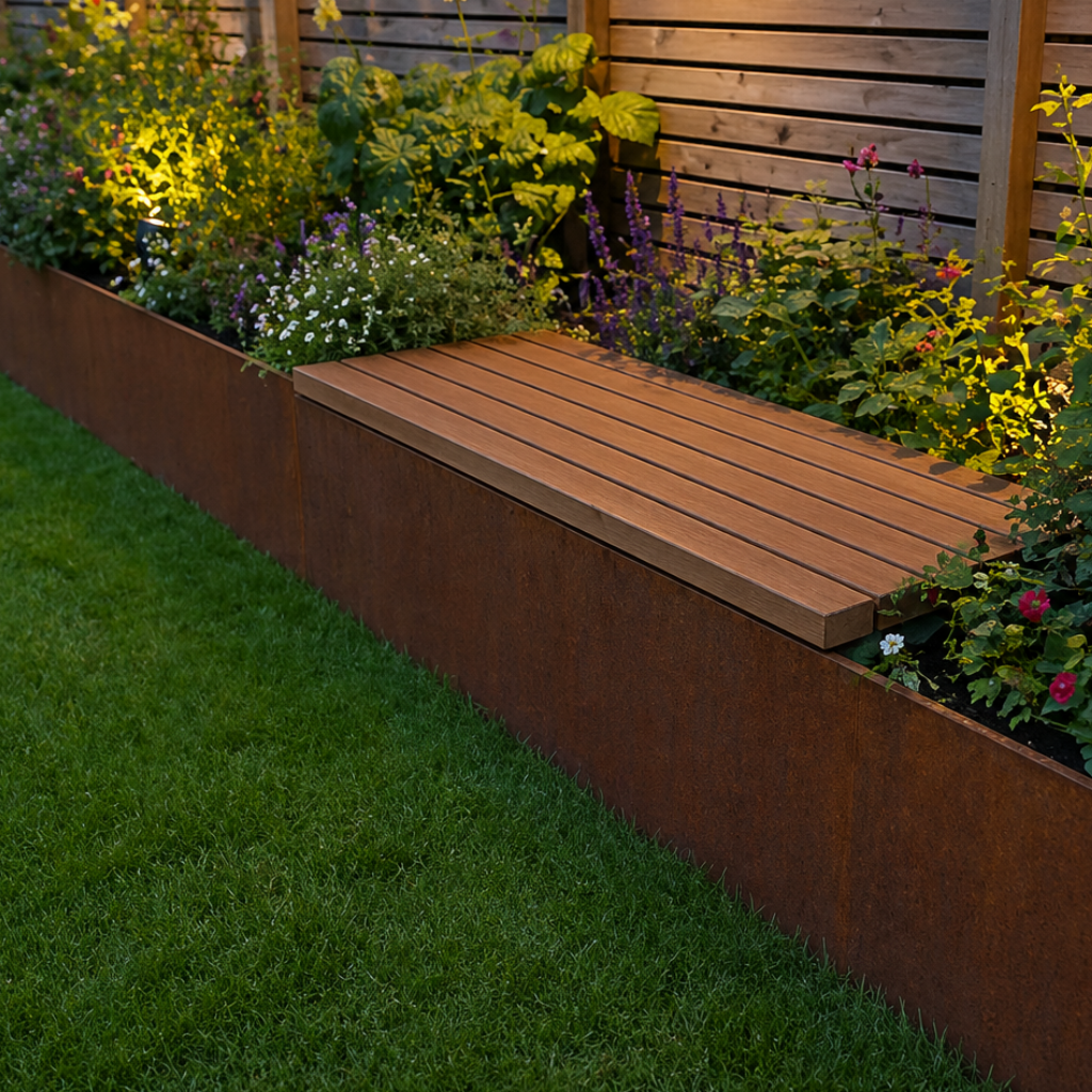 Modal integrated Bench GEO shown integrated in the Contour planter edge. This creates a seating area with in the planter. Corten Steel Garden Edging, creating boundary between soil, planting and gravel path. Lawn edge, garden border, flower beds, raised edging & planters. Metal, weathering steel, or powder coated steel with Douglas fir timber.  Garden walkway, path and paving edging, zoned seating area and boundaries.