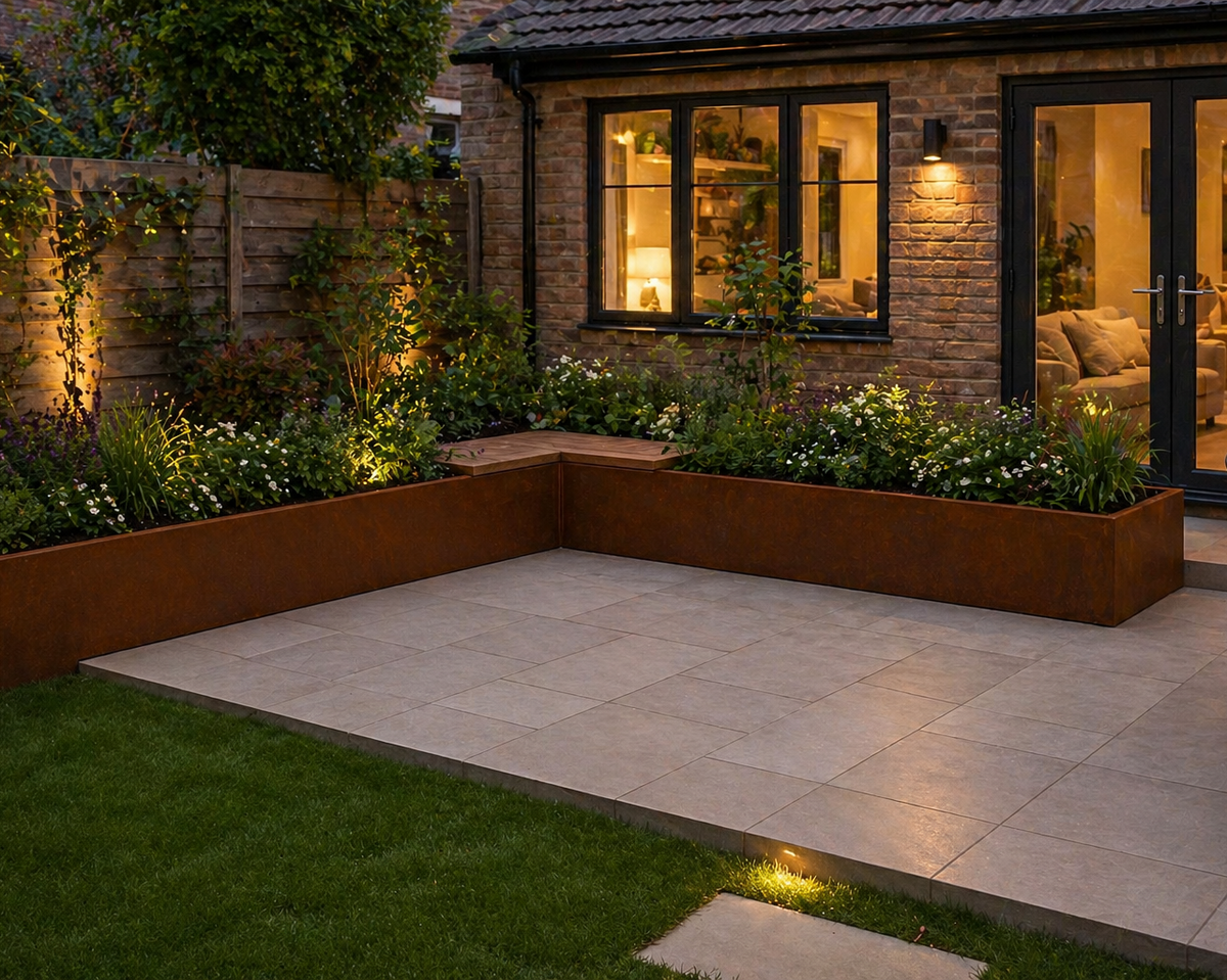Modal integrated Bench GEO shown integrated in the Contour planter edge. Make a corner seat, bench in a planter for patio. This creates a seating area with in the planter. Corten Steel Garden Edging, creating boundary between soil, planting and gravel path. Lawn edge, garden border, flower beds, raised edging & planters. Metal, weathering steel, or powder coated steel with Douglas fir timber.  Garden walkway, path and paving edging, zoned seating area and boundaries.