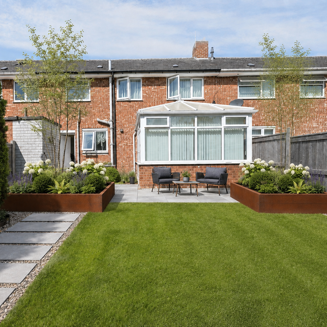 A landscaped backyard garden with a green lawn, two rust-brown rectangular raised beds, a stone path, and a brick house with a glass conservatory in the background.