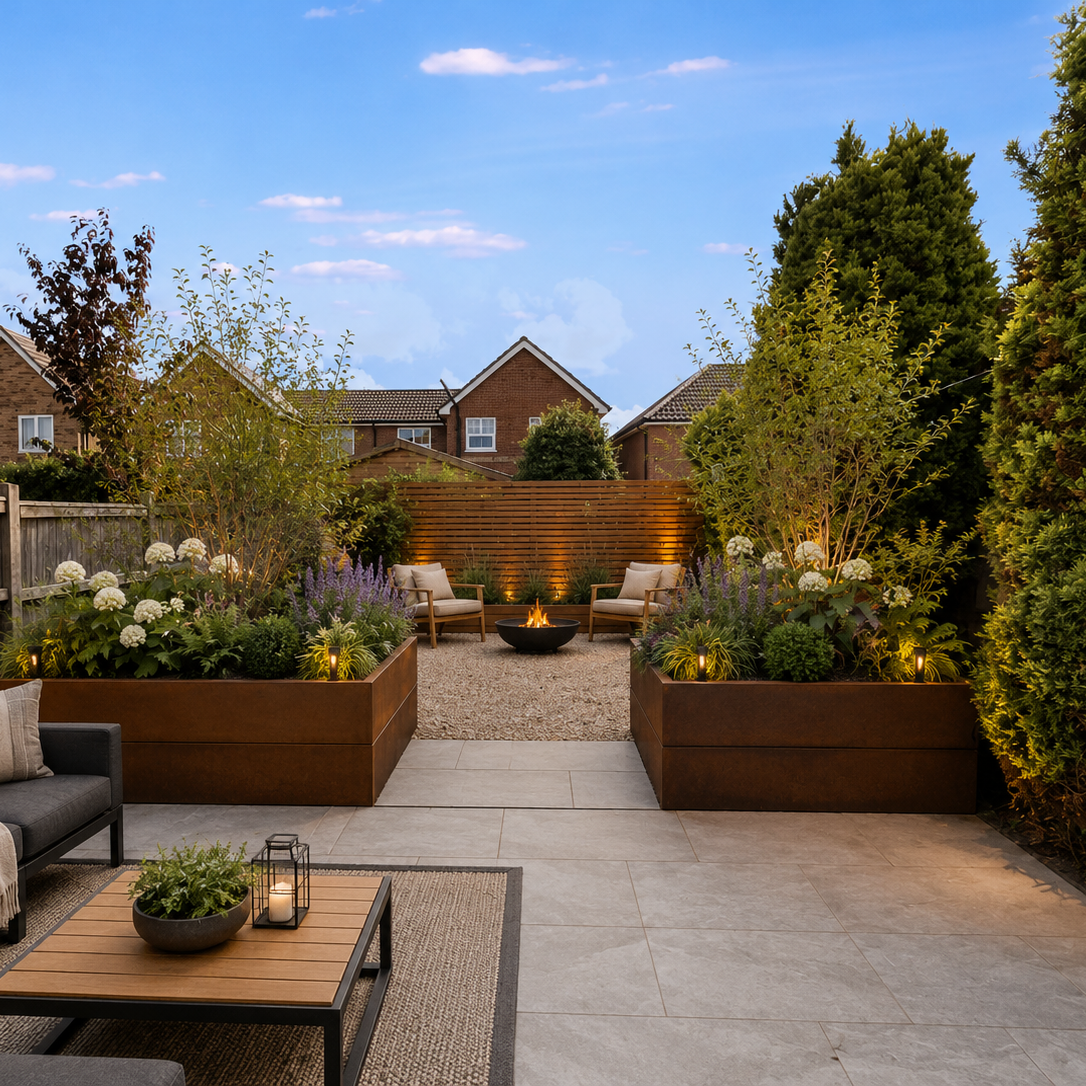 A modern backyard patio scene with a gray sectional sofa, wooden coffee table, stone pavers, large rectangular planter boxes with greenery and flowers, a central fire pit, and outdoor seating under a blue sky with neighboring houses visible in the background.