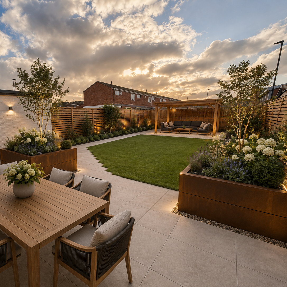 A modern backyard patio and garden scene at dusk, featuring a wooden dining table with six cushioned chairs, a green lawn, raised planters with flowers, wooden fencing, and a cloudy sunset sky.
