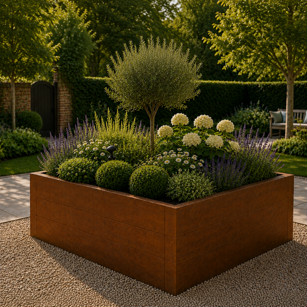 A rectangular rusted steel raised garden bed filled with green shrubs, lavender, white flowers, and a small tree, set in a landscaped backyard garden.