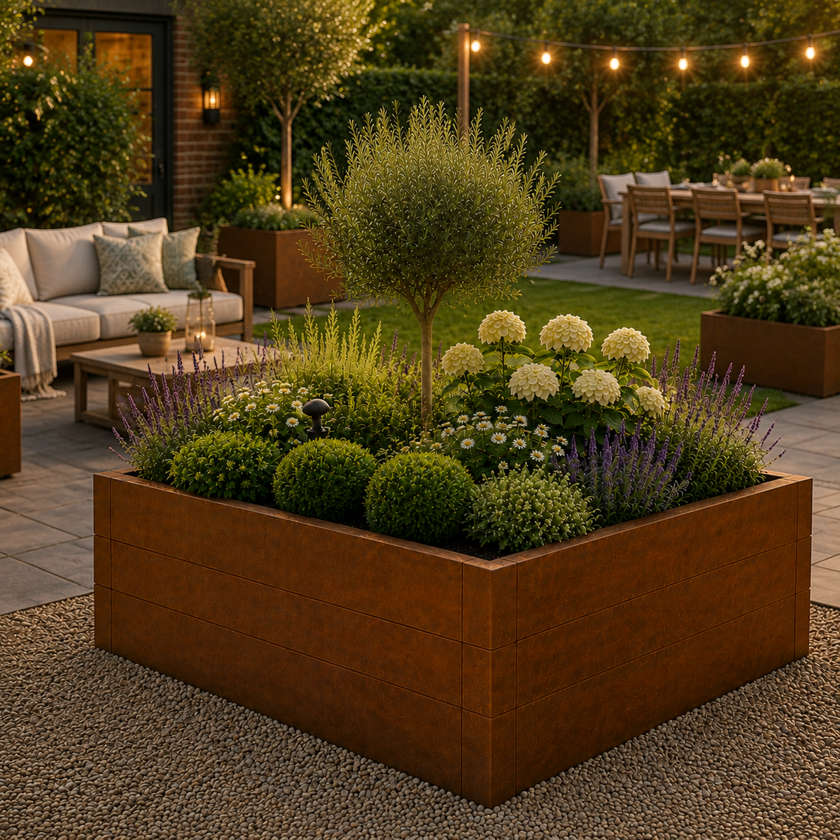 A large rectangular rust-brown metal planter box filled with green shrubs, lavender, white flowers, and a small tree, set in a landscaped outdoor patio with seating and string lights.