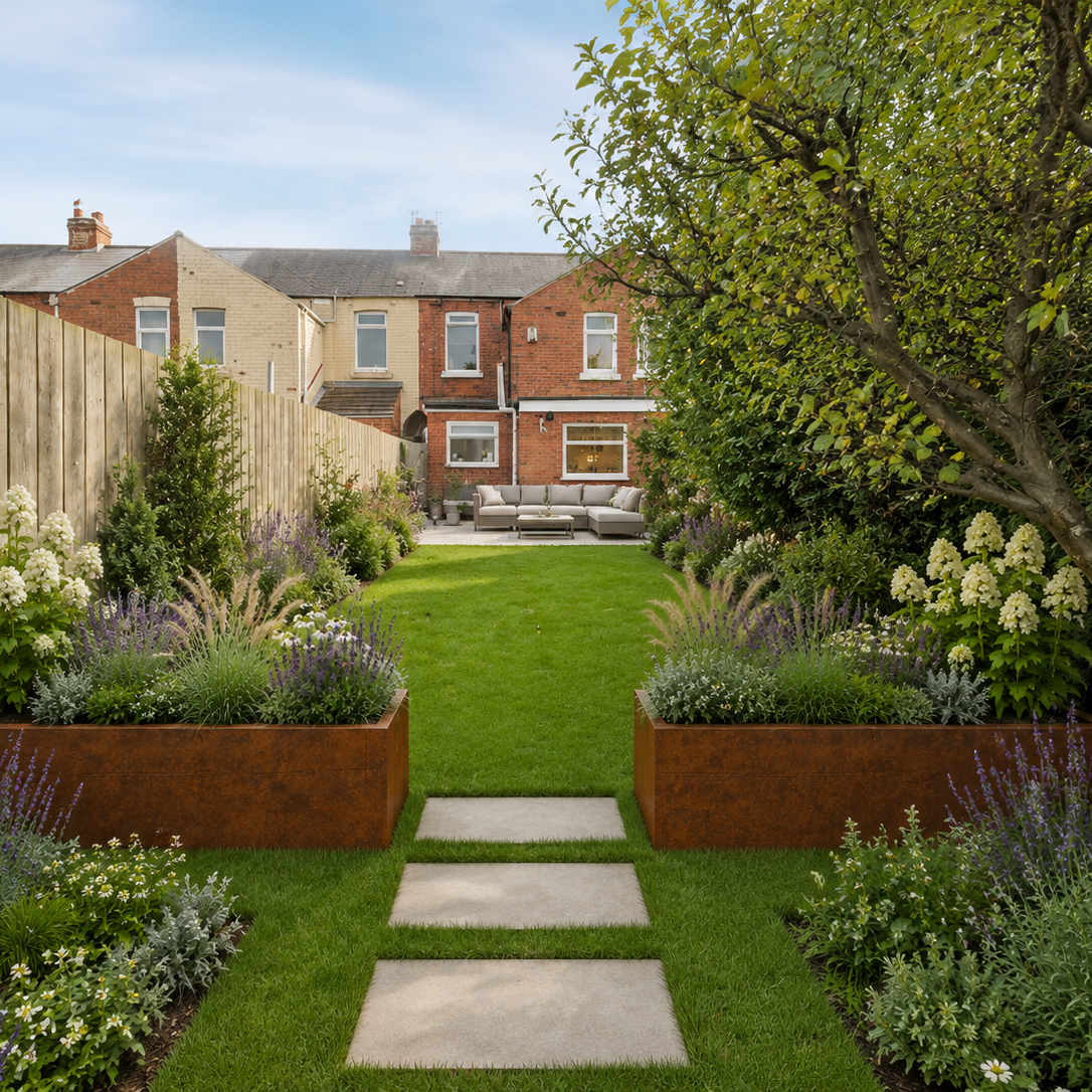 Modern Garden with Rusty Corten Steel planters as divider with cosy seating area.