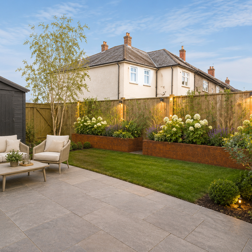 A modern backyard patio setup with a dark gray wooden shed, outdoor seating including a beige sofa and two armchairs, a low coffee table, a green lawn, raised garden beds, and a wooden fence under a blue sky.