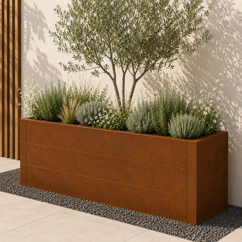 A rectangular rusted corrugated metal planter box filled with green plants and a small tree, set outdoors against a light wall with shadows.