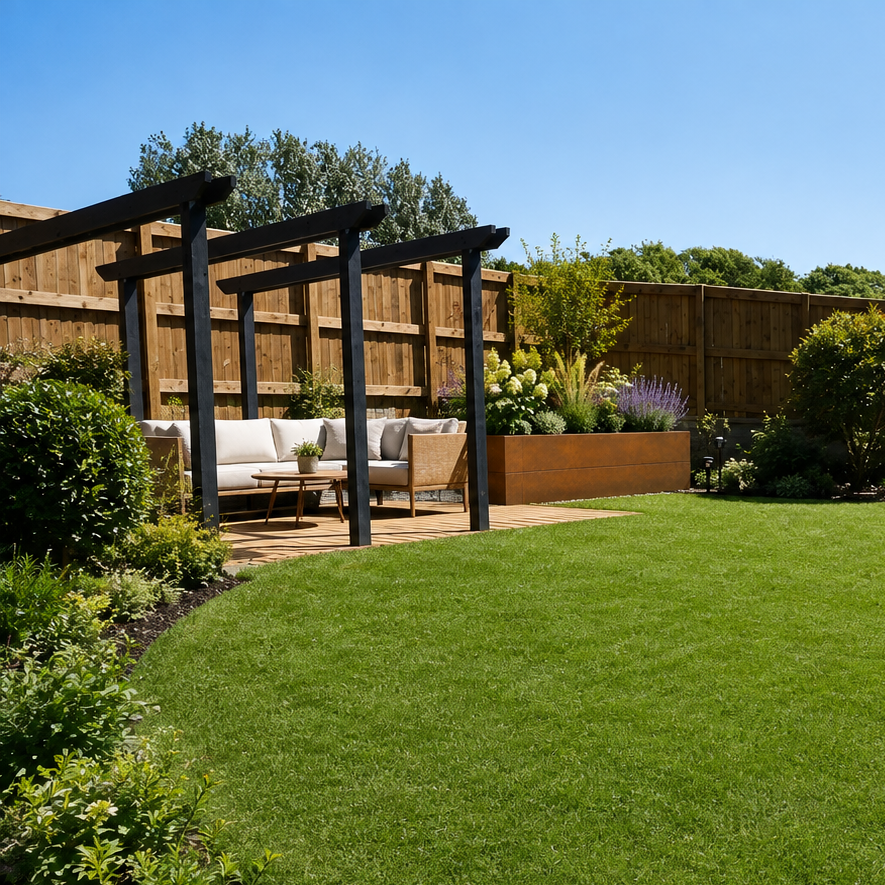 A landscaped backyard with a large green lawn, wooden fence, planter boxes, a pergola with outdoor seating, and a brick house under a clear blue sky. Corten steel planter