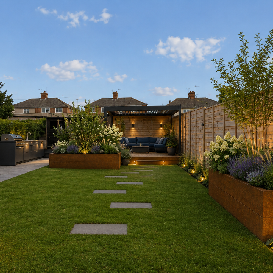 A modern backyard garden scene with a neatly trimmed green lawn, rectangular stone stepping stones, large metal planter boxes with flowering plants, a wooden fence, and an outdoor seating area under a pergola in the background.