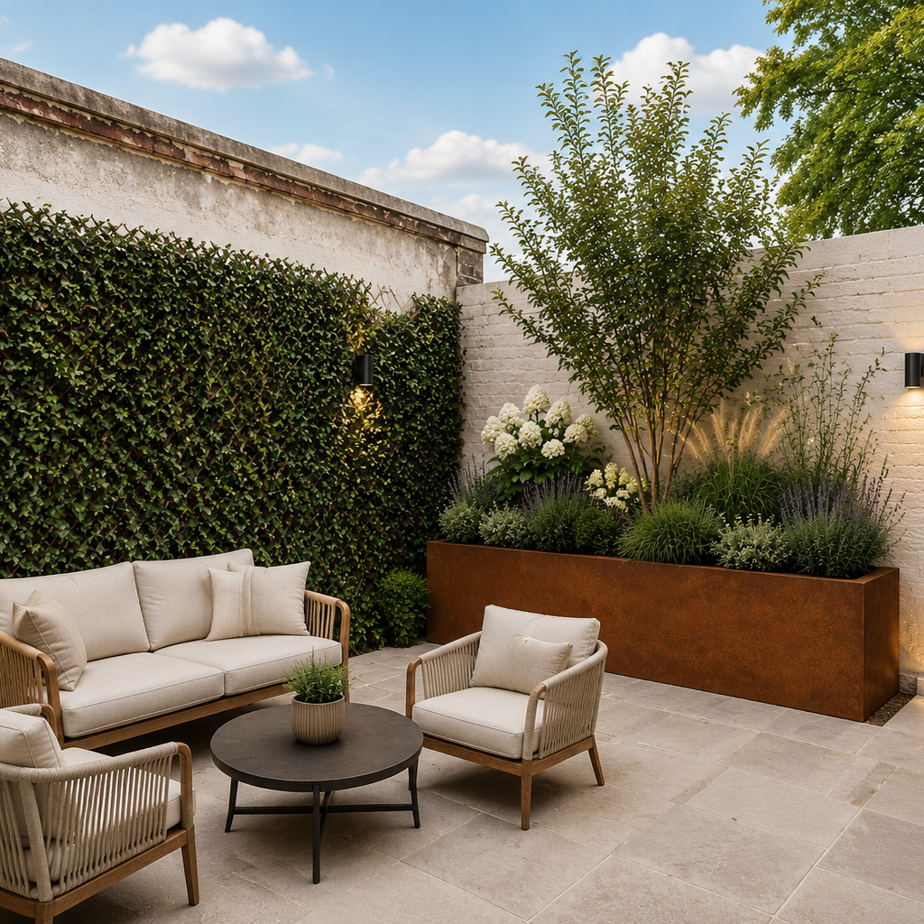 Outdoor patio furniture set including a beige sofa, two matching armchairs, a round black coffee table, and a large rectangular rust-brown planter box with greenery, set against a white brick wall and green hedge. Corten Steel
