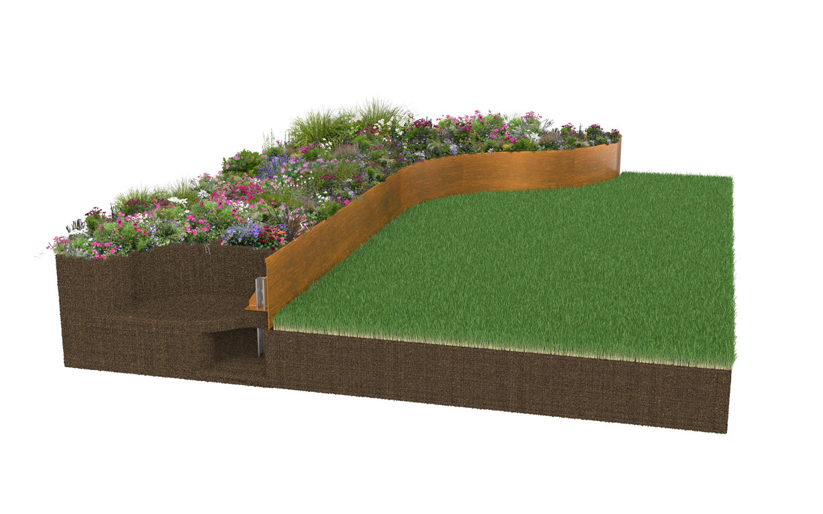 Contour Raised Bed System - Edge height 200mm [Bundle] GardenEdgingOnline.com. High Corten Steel Garden Edging, creating boundary between soil, planting and gravel path. Lawn edge, garden border, flower beds, driveway raised edging. Metal, weathering steel, or powder coated steel.  Garden walkway, path and paving. Planter edge and retaining wall. Patio edge and garden walls.