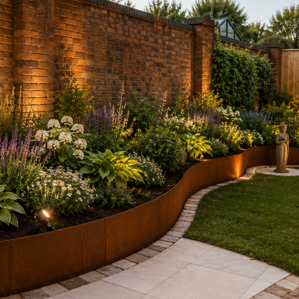 Contour Raised bed Corten - 600mm High GardenEdgingOnline.com Sweeping curves for Raised bed & retaining wall High Corten Steel Garden Edging, creating boundary between soil, planting and gravel path. Lawn edge, garden border, flower beds, driveway raised edging. Metal, weathering steel, or powder coated steel.  Garden walkway, path and paving. Planter edge and retaining wall. Patio edge and garden walls.
