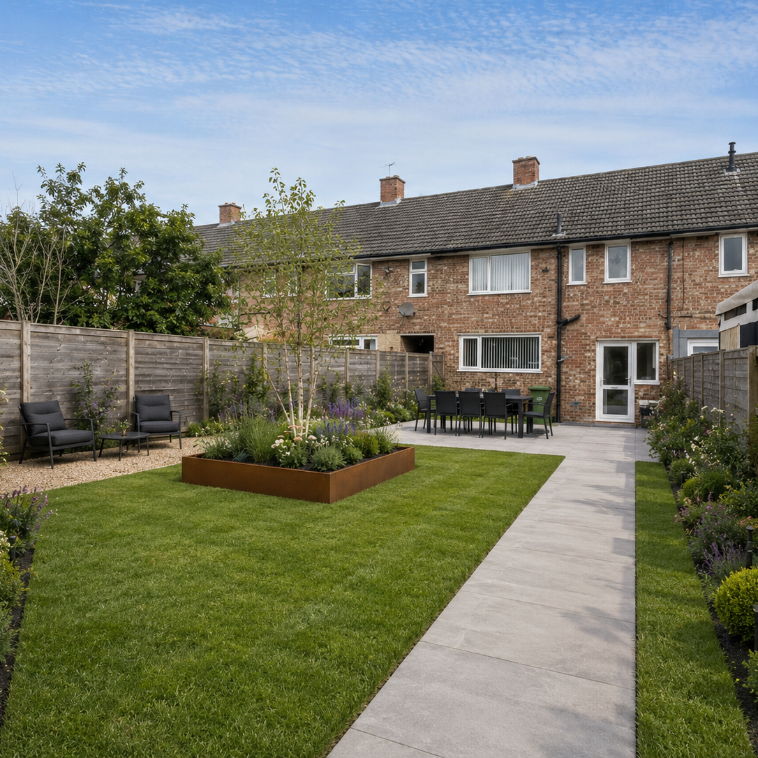 A landscaped residential backyard with a green lawn, concrete walkway, wooden fencing, raised garden beds, patio furniture, and a brick house in the background under a blue sky.