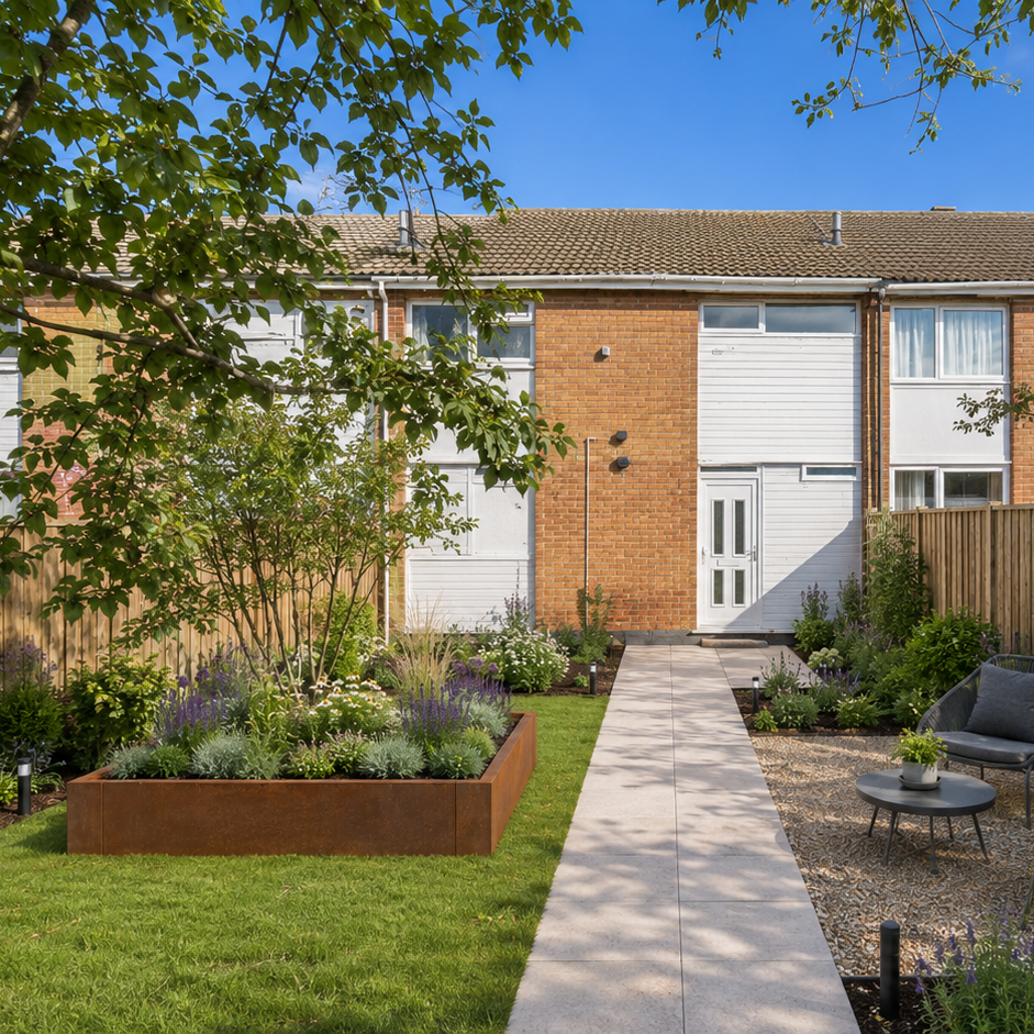 A landscaped residential backyard with a paved walkway, green lawn, raised rust-brown planter beds, wooden fencing, patio seating, and a brick-and-white apartment building in the background under a blue sky.