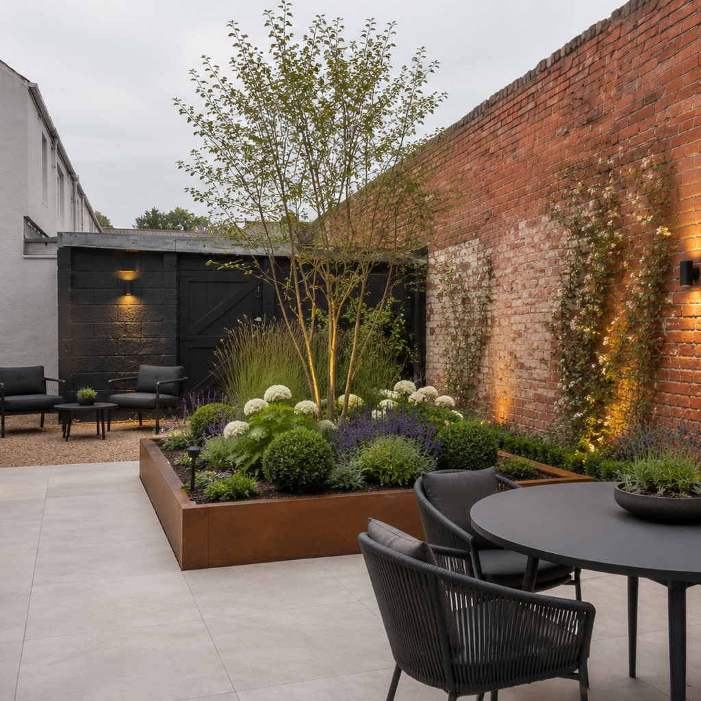 Modern outdoor patio with a round black dining table and chairs, a built-in seating area under a black canopy, raised planters with greenery, a brick wall with warm wall lighting, and a light concrete floor.