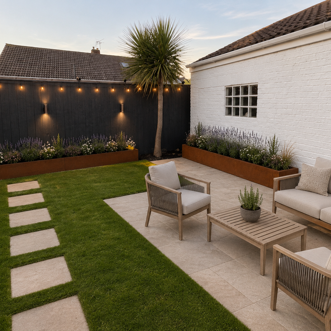 A modern backyard patio scene with a white brick wall, dark fence, green lawn, stone path, outdoor seating, planters, and string lights at dusk.