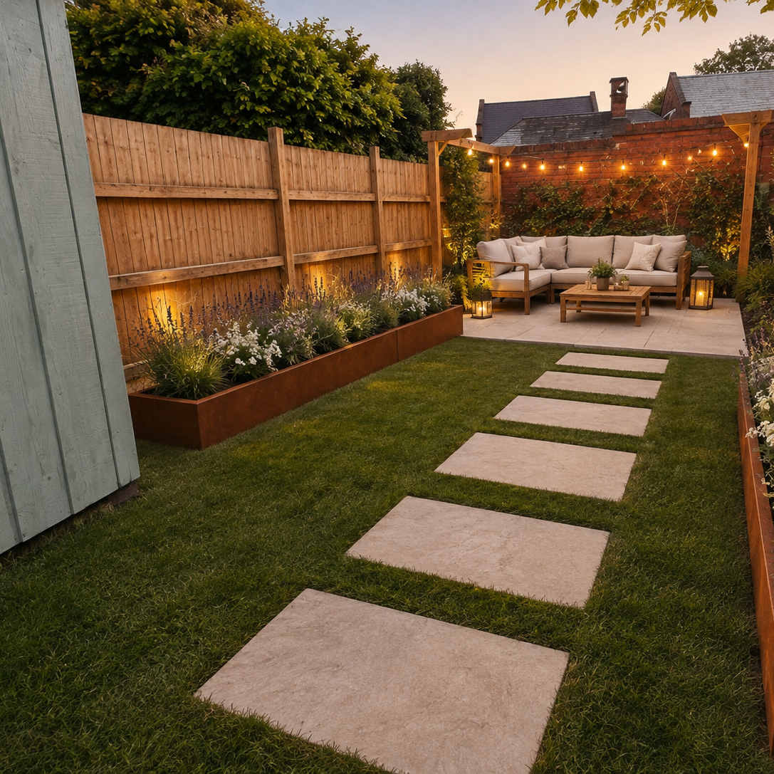 A beautifully designed backyard garden patio with a stone path, green grass, wooden planter boxes, a wooden fence, and a cozy outdoor seating area under warm string lights.