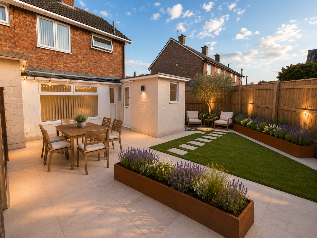 A beautifully designed backyard patio and garden featuring a light-colored dining set, a green lawn with a stone path, rust-colored planter boxes with lavender, and a small white outbuilding under a blue sky.