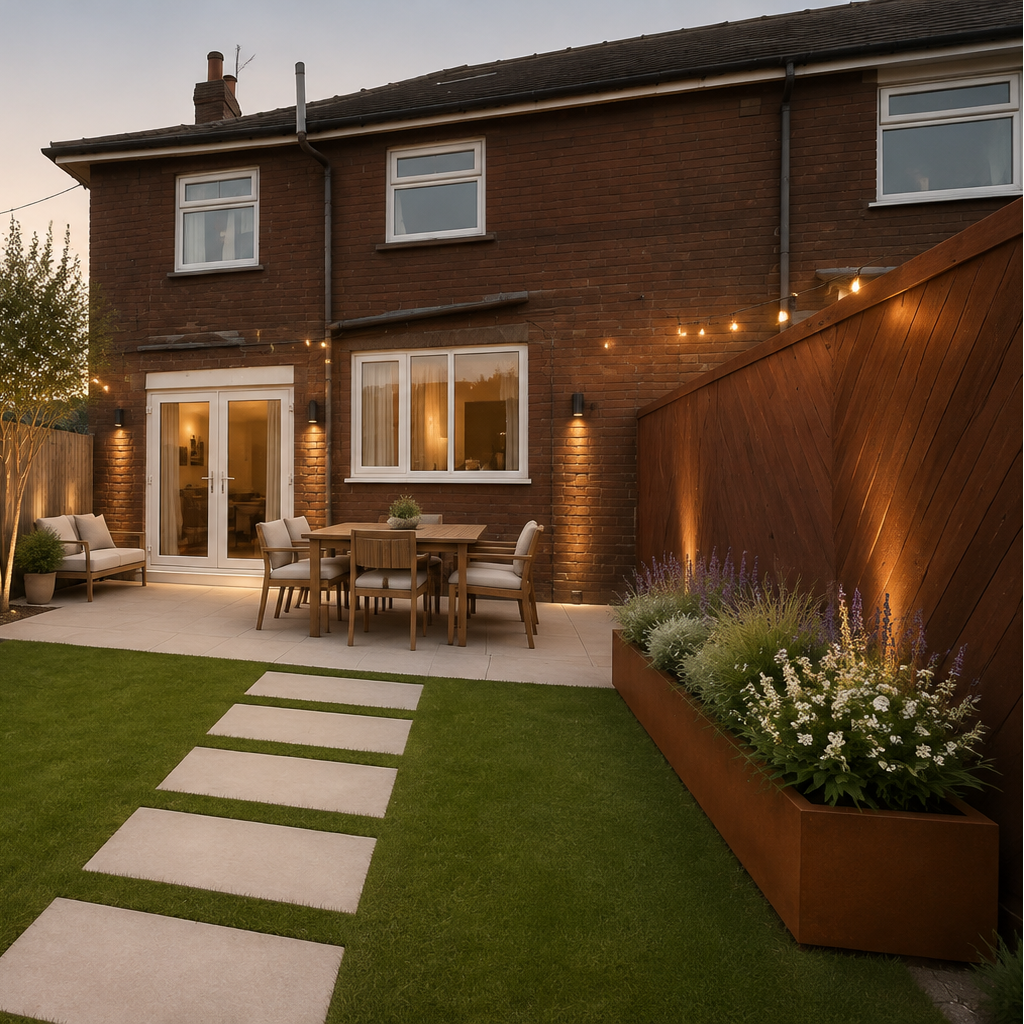 A modern backyard patio and garden scene at dusk, with a brick house, string lights, raised wooden planter beds, green lawn, stone path, dining set, and outdoor seating.